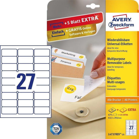 Avery etiket l4737rev-25 63.5x29.6mm afneembaar wit 675stuks