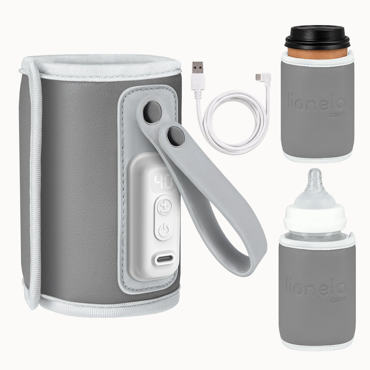 Lionelo thermup go – tragbarer Flaschenwärmer – USB-C-Stromversorgung – 5 Temperatureinstellungen (38–50 °C) – für Babyflaschen bis 70 mm – Thermostat gegen Überhitzung – kompaktes Leichtgewicht (100 g) – BPA-frei – inklusive USB-C-Kabel