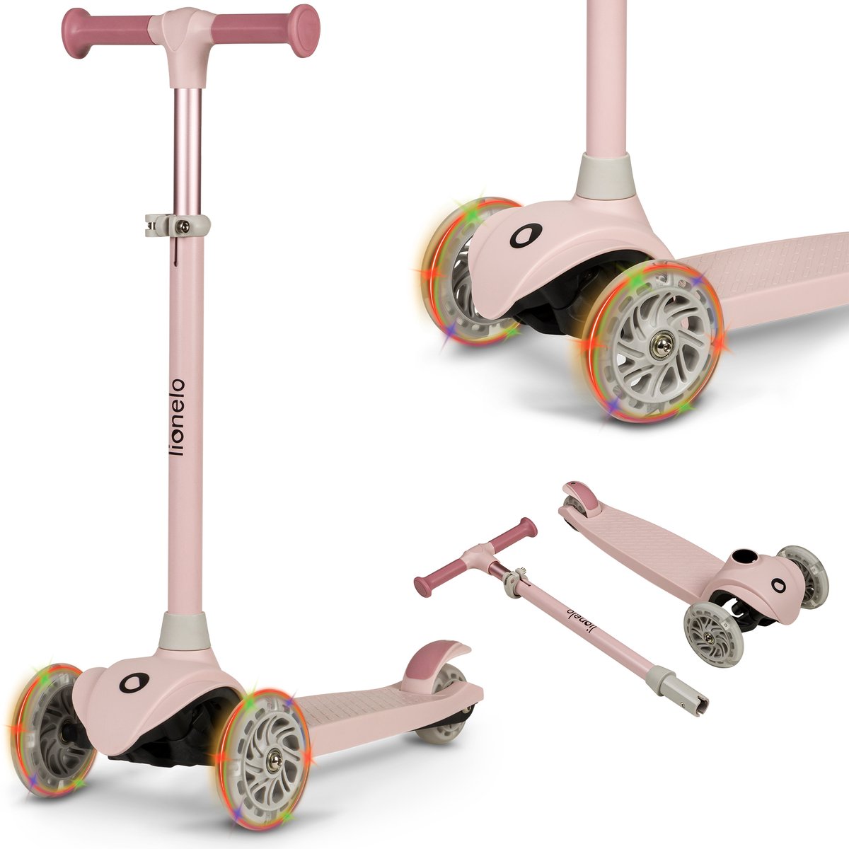 Lionelo Jessy Kinderroller – Roller 3 Räder – Altersgruppe 3+ – max. 50 kg – LED-Beleuchtung in den Rädern – höhenverstellbar 65–70–75–80 cm