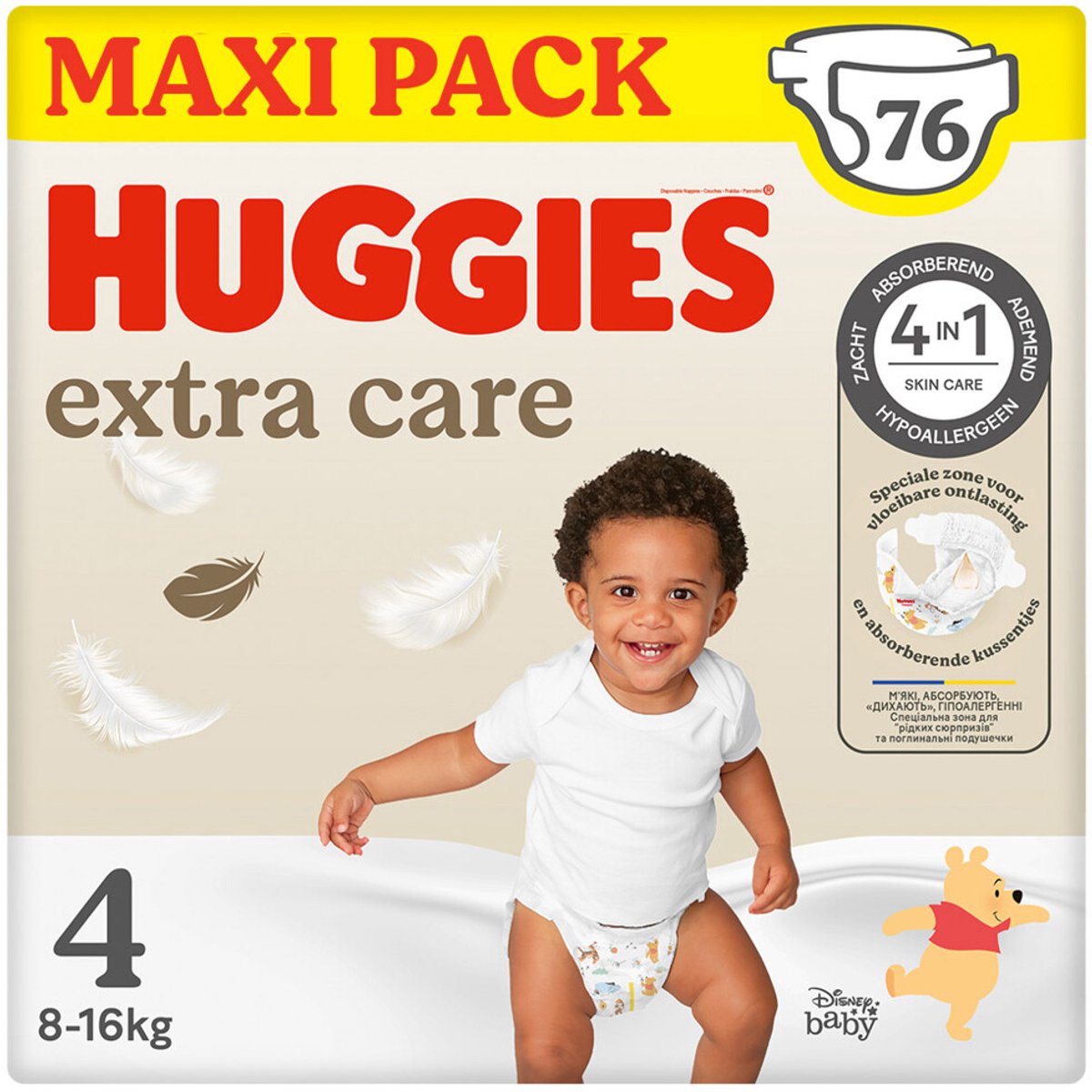 Huggies ® Extra Care Babywindeln, Größe 4 (8 bis 16 kg), 76 Windeln mit Feuchtigkeitsindikator und Disney-Motiven, Maxipack