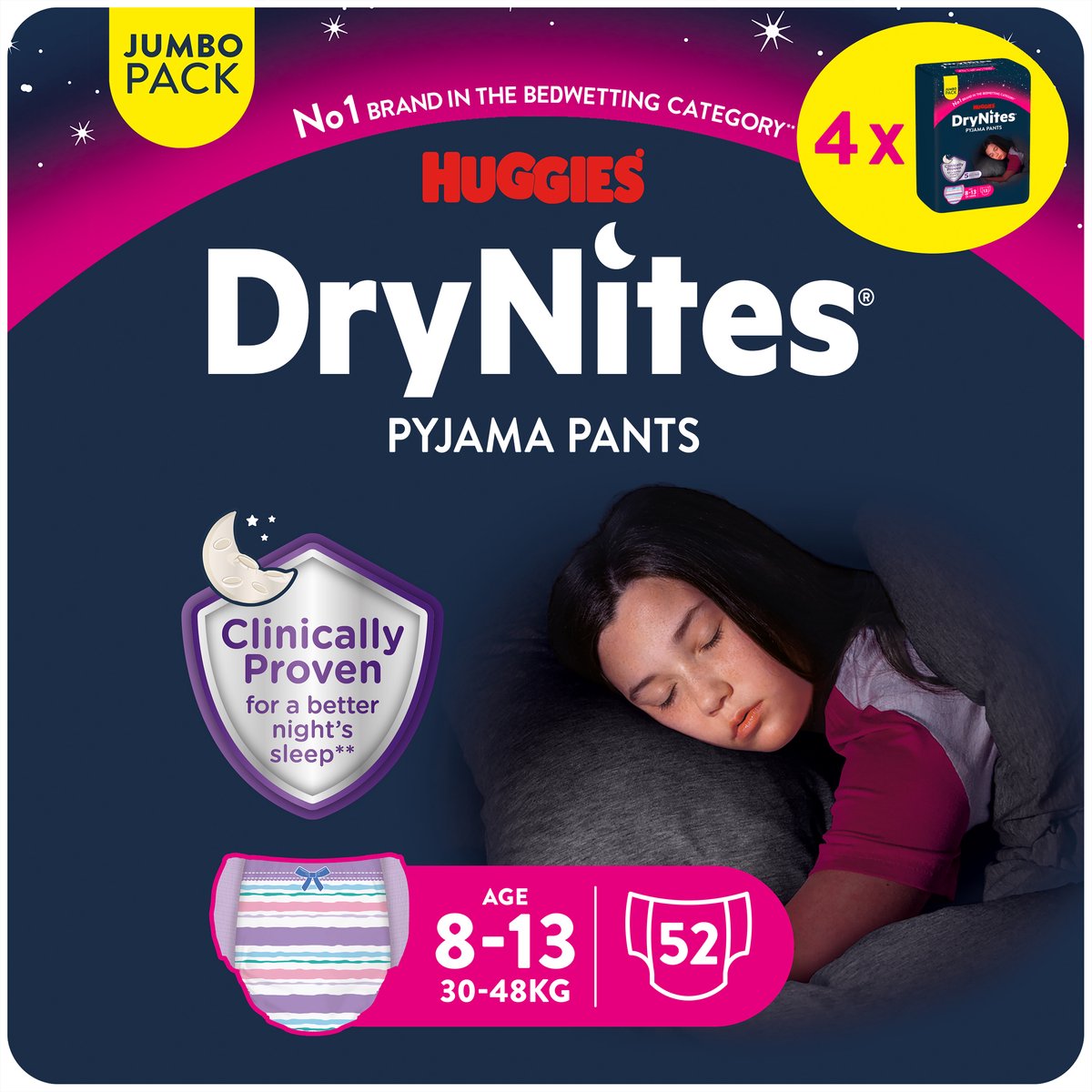 Drynites Huggies Windelhosen – Mädchen – 8 bis 13 Jahre (30–48 kg) – 52 Nachthosen – extra Rabatt