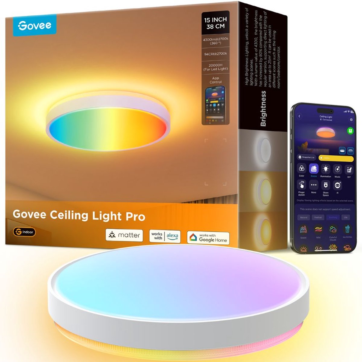 Govee Smart Deckenleuchte Matter RGBICWW – 4300 Lumen – 15 Zoll – ø 38 cm