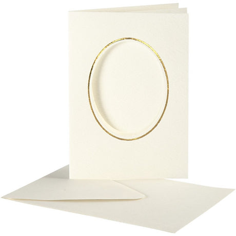 Creativ Company Passepartoutkarten, oval mit Goldrand, Kartengröße 10,5x15 cm, Umschlaggröße 11,5x16,5 cm, gebrochenes Weiß, 10er Set 1 Box
