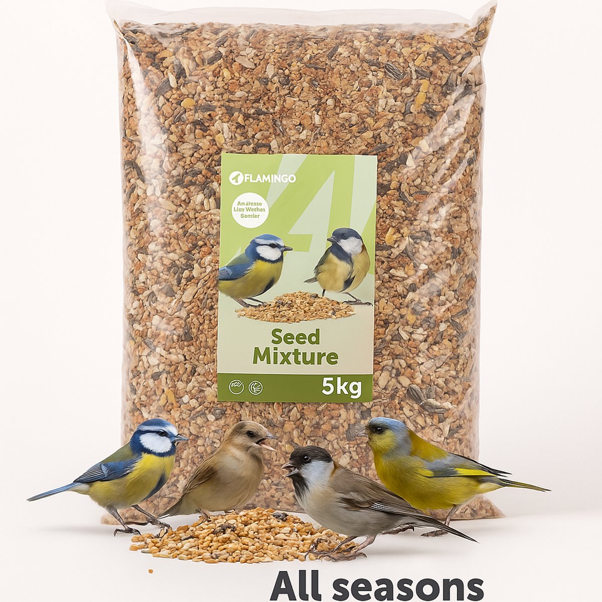Flamingo-Vogelfutter – Vier-Jahreszeiten-Samenmischung – Outdoor-Vögel – 5 kg – natürliche Samenmischung für Gartenvögel – für jede Jahreszeit geeignet – europäische Qualität