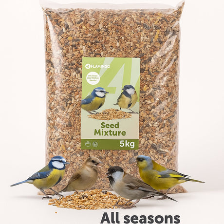 Flamingo-Vogelfutter – Vier-Jahreszeiten-Samenmischung – Outdoor-Vögel – 5 kg – natürliche Samenmischung für Gartenvögel – für jede Jahreszeit geeignet – europäische Qualität