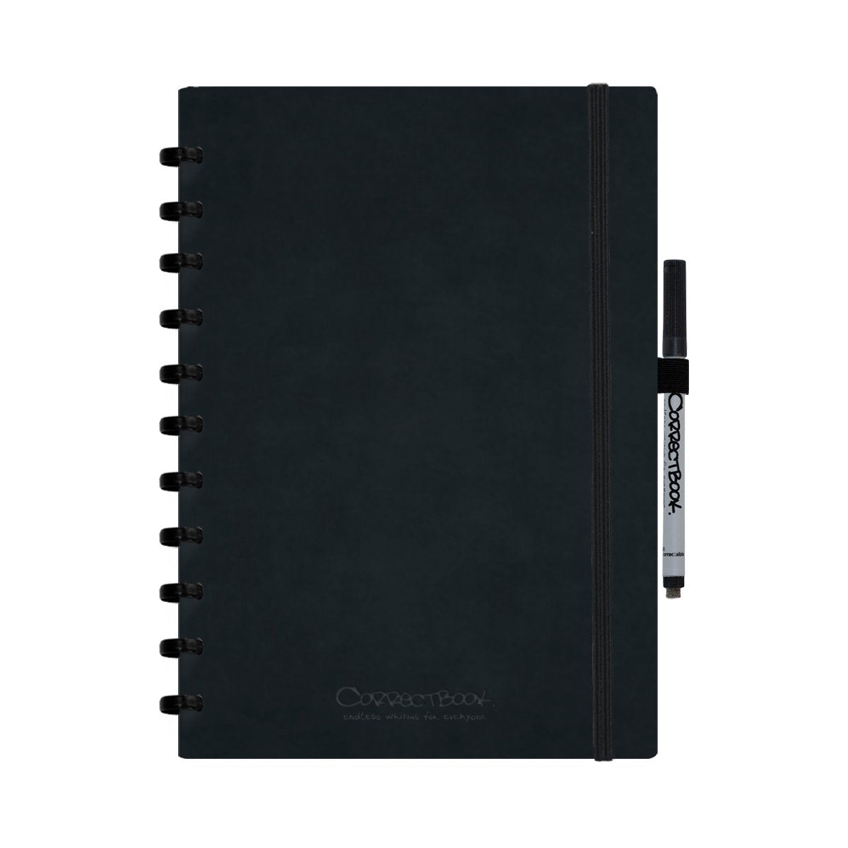 Correctbook A4 löschbares Notizbuch – tintenschwarzes Kunstleder-Hardcover – blanko – wiederverwendbares Notizbuch – inklusive Stiftwischtuch – kann mit zusätzlichen Seiten ergänzt werden