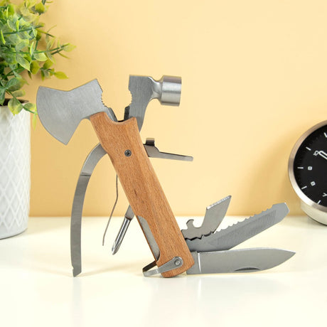 Kikkerland Multitool Mini-Axt – 10 in 1 – flacher Schraubendreher – Flaschenöffner – Reibahle – Sägeblatt – Feile – Messer – Kreuzschlitzschraubendreher – Zange – Drahtschneider – Geschenk für Männer