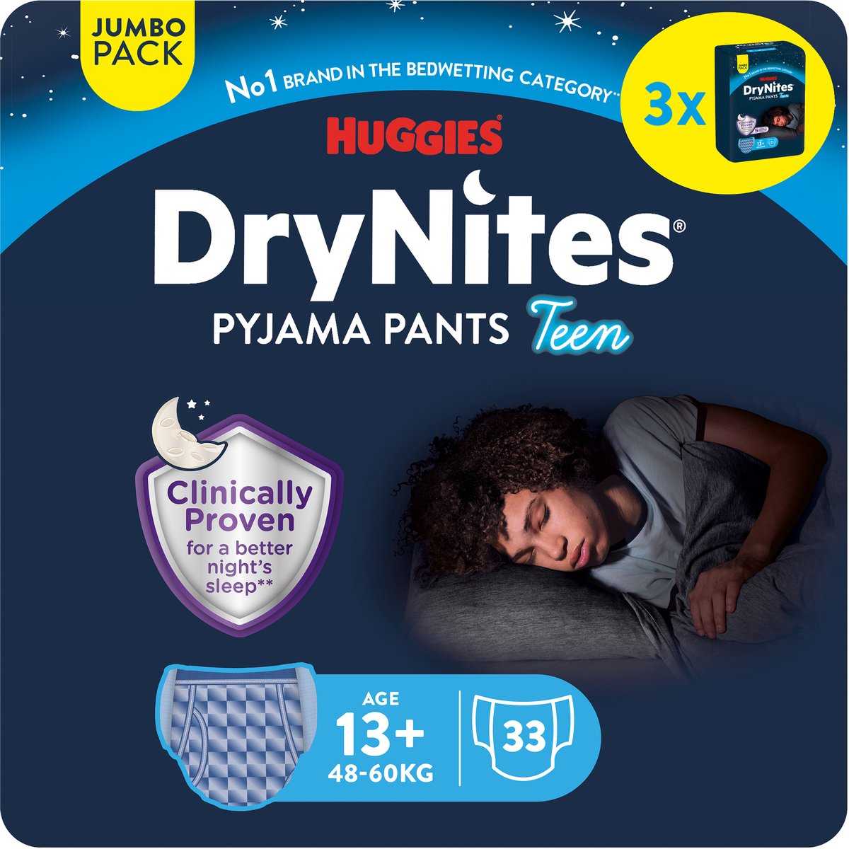 Drynites Huggies Windelhosen – Jungen – 13+ Jahre (48–60 kg) – 33 Nachthosen – Jumbo-Packung