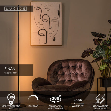 Lucide finan - Stehleuchte - LED dimmbar - 1x32w 2700k - Schwarz