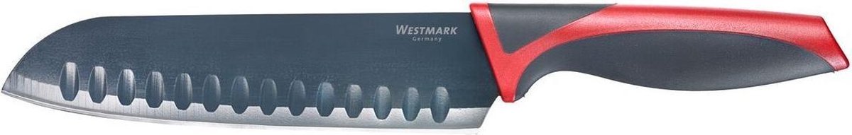 Westmark Santokumesser Küchenmesser, Klingenlänge 17 cm, breite Klinge mit Noppen, mit Klingenschutz, Edelstahl Kunststoff, Anthrazitrot, 14562270