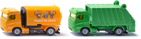 Siku 1687, Set Kehrmaschine und Abfallwagen, Metall-Kunststoff, kippbare Struktur und Auffangbehälter, grün-orange