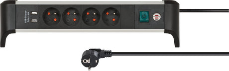 Brennerstuhl alu-office-line Steckdosenleiste 4-fach Pin Erde mit USB (Steckdosenblock für den Schreibtisch mit 1,8 m Kabel und Schalter, Made in Germany)