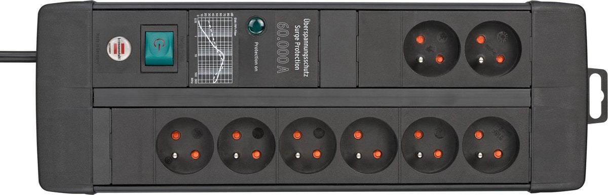 Brennerstuhl premium-line 60.000 A Steckdose mit Überspannungsschutz 8-fach Duo schwarz 3m h05vv-f 3g1,5 *be*