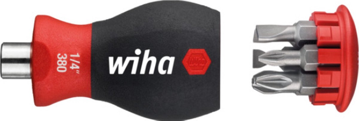 Wiha 380104 Schraubendreher mit Bitmagazin, magnetischer Schlitzkopf, Pozidriv mit 6 Bits, kurz, 1 4 - 33764