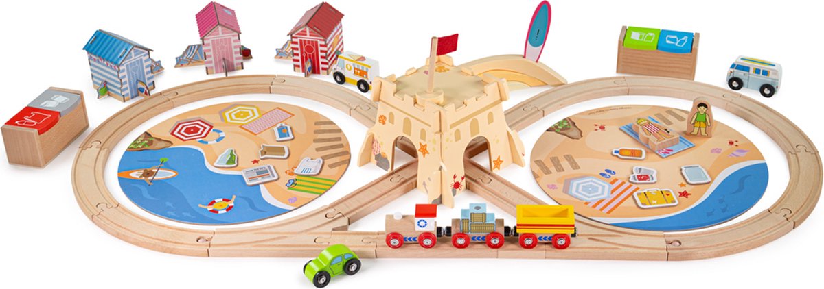 Bigjigs Holzeisenbahn-Set säubert die Meeresküste, 70-teilig.