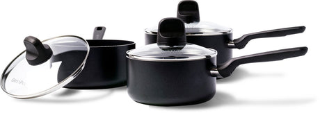 Greenpan Memphis Pfannenset 6-teilig – 16 18 20 cm – 1,6 2,1 3,1 l – PFAS-freie Antihaftbeschichtung – Kochtopf Induktion – Keramikpfanne – ofenfest bis 160 °C – Kaltgriffe – mit Glasdeckel – Schwarz