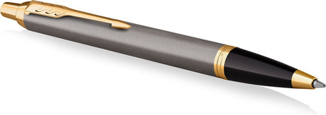 Parker im-balpen | grijze lak met gouden details | medium punt | blauwe inkt | geschenkverpakking
