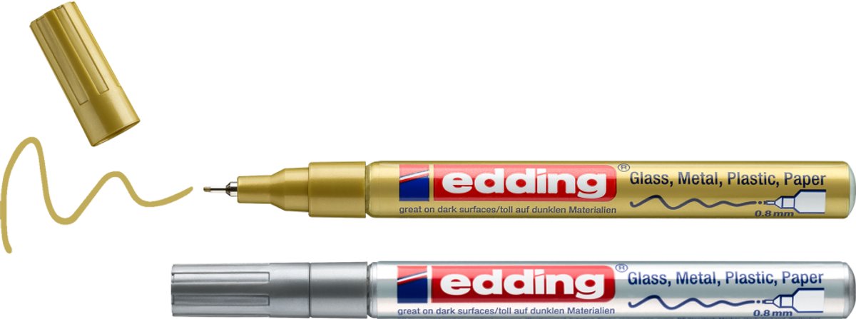 Edding 780 2 Lackmarker – 2 Stück – Gold, Silber – Rundspitze 0,8 mm – Lackstift zum Markieren und Beschriften von Metall, Glas, Stein oder Kunststoff – permanent, wischfest und wasserfest