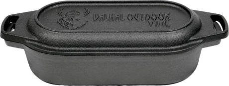 Valhal outdoor - braadpan dubbele skillet 1l - kleine dutch oven, gietijzer, ovaal, grillpatroon, vh1l