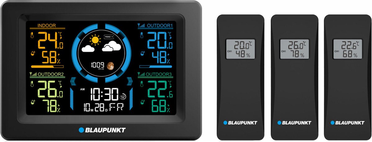 Blaupunkt - Wetterstation mit Hygrometer-Luftdruckvorhersage - 3 Sensoren - Schwarz
