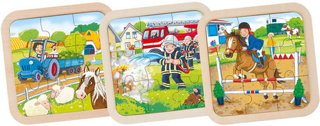 Goki Holzpuzzle - 3er Set - Feuerwehr, Traktor, Pferd - 9 Teile