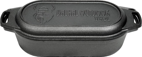 Valhal outdoor - braadpan dubbele skillet 2l - kleine dutch oven, gietijzer, ovaal, grillpatroon, vh2l