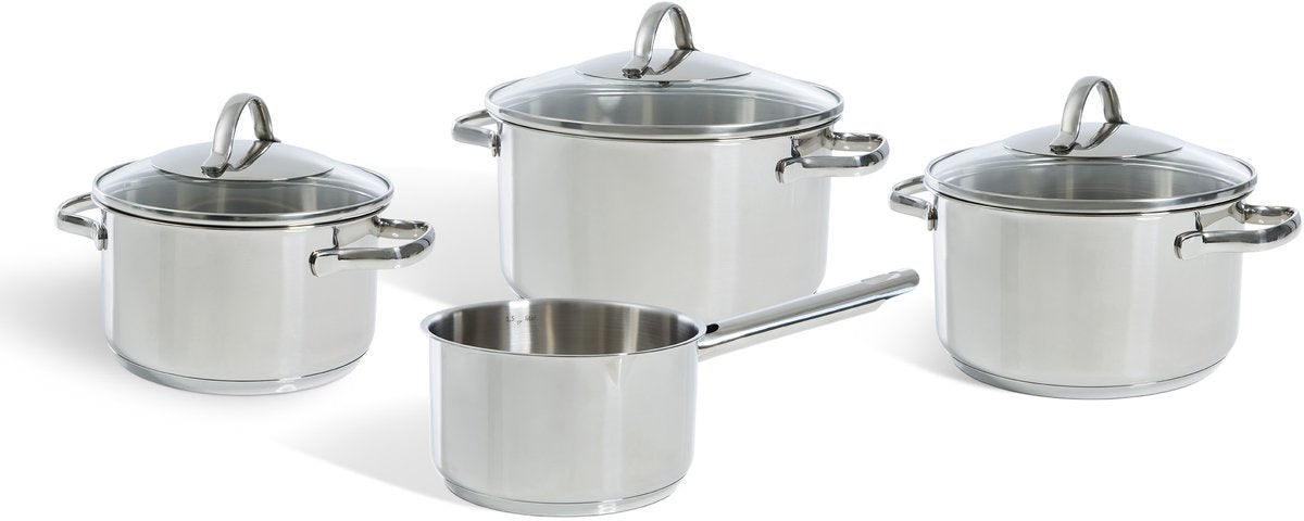 BK Essentials Pfannenset 4-teilig – 16 18 20 cm – ohne PFAS-freie Antihaftbeschichtung – Induktionspfannenset – Induktionskochpfanne – Pfannenset aus Edelstahl – ofenfest bis 230 °C – mit Glasdeckel – Silber