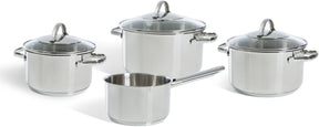 BK Essentials Pfannenset 4-teilig – 16 18 20 cm – ohne PFAS-freie Antihaftbeschichtung – Induktionspfannenset – Induktionskochpfanne – Pfannenset aus Edelstahl – ofenfest bis 230 °C – mit Glasdeckel – Silber