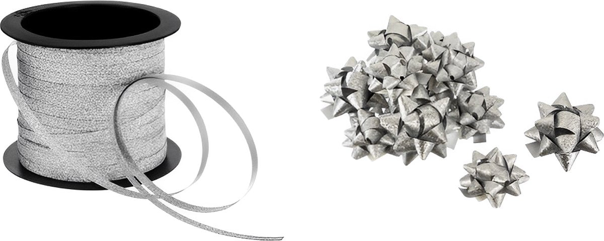 Markenloses Sans Marque Silberband für Geschenkverpackungen 5mm x 20m + 12 x Stern matt silber 6cm Geschenkschleifen - Starbows - mit Klebestreifen - Dekoschleifen Geschenkband Kräuselband Dekoband Geschenkband Geschenkband Rolle Bolduc