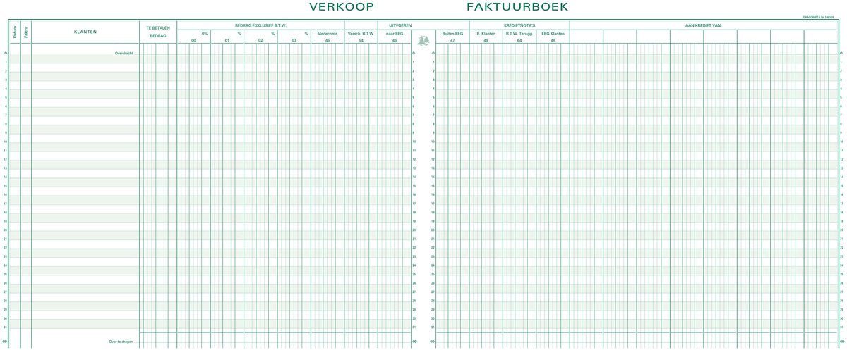 Exacompta Buchhaltungsregister Mehrwertsteuerverkäufe – 31 Zeilen – nummeriert – mit Identifikationsblatt – Niederländisch – gebunden – 80 Seiten – – 14610x