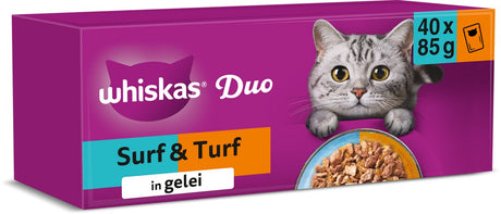 Whiskas Katzenfutter – Erwachsene ab 1 Jahr – Duo-Surf-Rasen-Auswahl in Gelee – 40 x 85 g