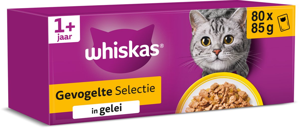 Whiskas Katzenfutter – Erwachsene 1+ – Geflügel in Gelee – Giga-Pack 80 x 85 g