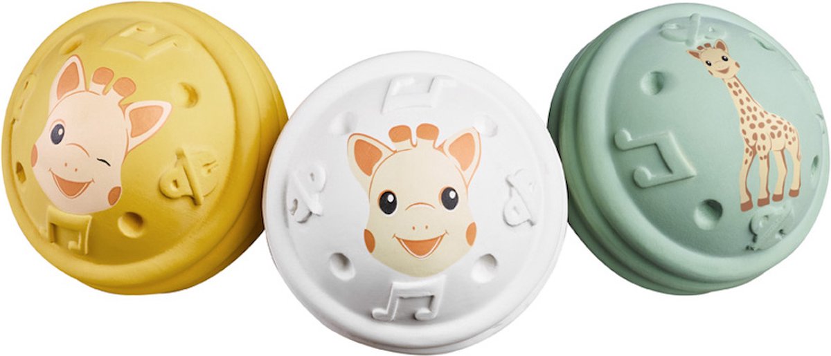Sophie die Giraffe Musikspielzeug – 5-Sinne-Kollektion – Spielzeugball – Babyspielzeug – 100 % Naturkautschuk – ok-biobasiert – ab 3 Monaten – gelb weiß grün – 3 Stück