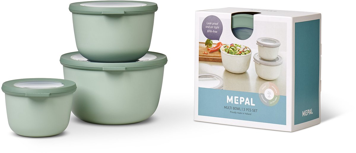 Mepal – Multi-Bowl-Cirqula-Aufbewahrungsbox-Set – 500 + 1000 + 2000 ml – rund – nordischer Salbei