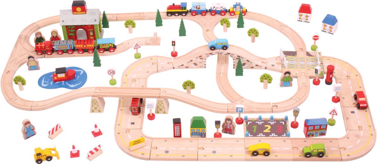 Bigjigs Holzeisenbahn- und Autobahn-Set, 105-teilig