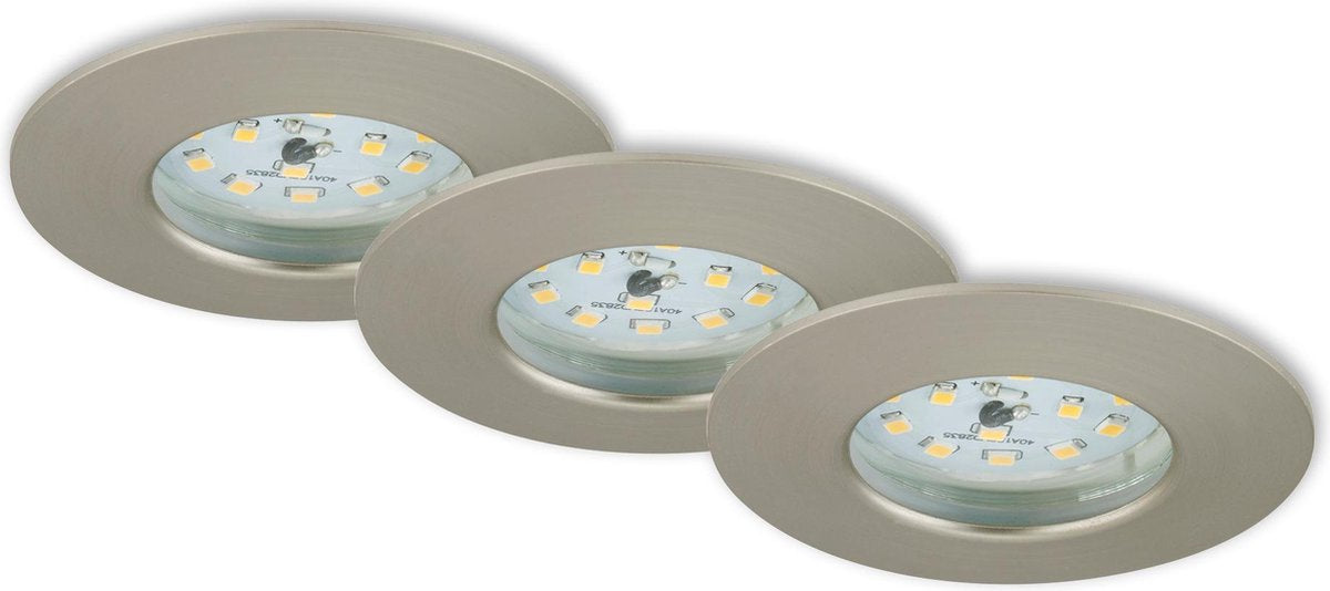 Briloner befestigen Sie einen - Einbaustrahler 3er Set - IP44 (Badezimmer) - 3 x LED 5w 400lm - Lichtfarbe: Warmweiß - Einbautiefe: 30mm - Einbaumaße: 60mm - Produkt: ø75mm - Nickel matt