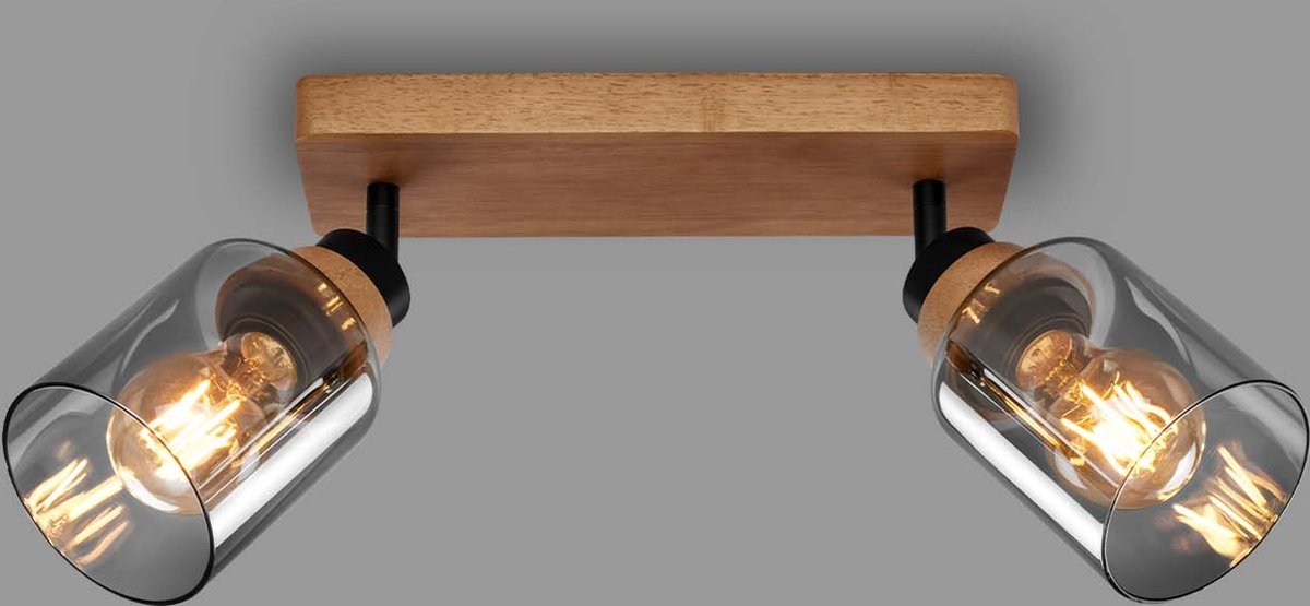 Briloner Royk – Aufbaustrahler mit Rauchglas – mit Holz – Deckenstrahler mit 2x E27-Fassung – 28 cm