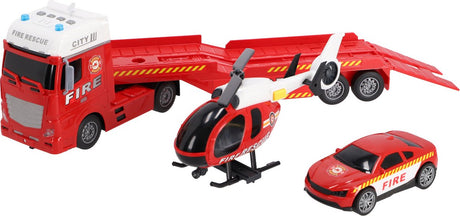 Rapid Wheels Autotransporter Feuerwehr mit Auto und Helikopter mit Licht, Sound und Reibung