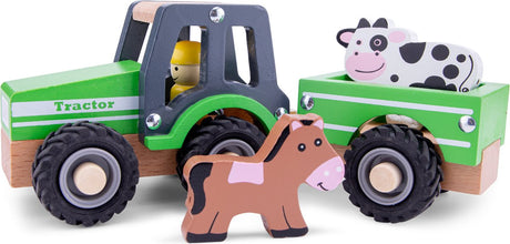 Woet ® houten tractor met aanhanger - inclusief 2 boerderijdieren - groen - educatief speelvoertuig - rollenspel speelgoed - vanaf 18 maanden