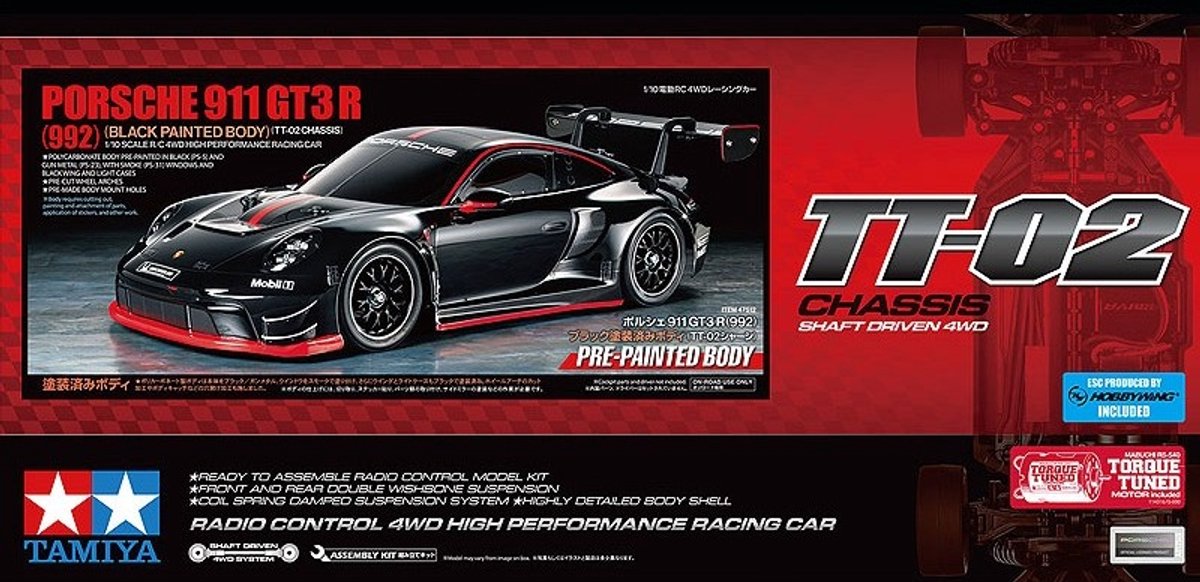 Tamiya Modellbausatzauto – 47512 RC-Auto – Porsche 911 GT3 R (992) – TT-02 – vorlackierte Karosserie aus RC-Kunststoff – 1:10 – Modellbau