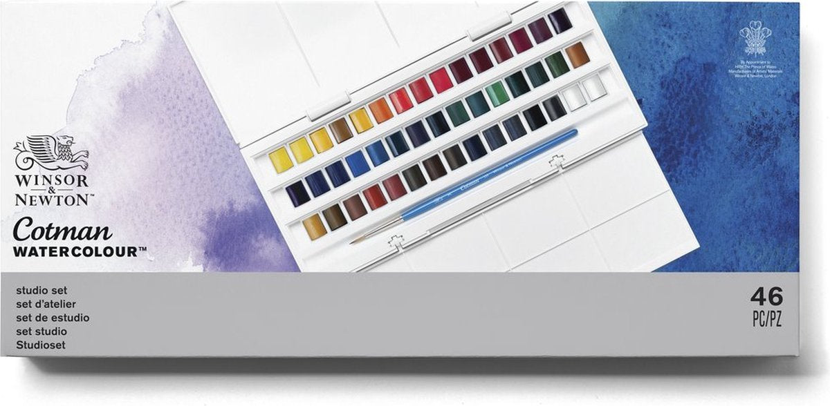 Winsor Newton 0390471 Cotman Studio Aquarellfarben-Set – 45 halbe Näpfchen – komplette 40-Farben-Palette mit Pinselmischpaletten