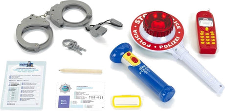 Klein Toys 10-teiliges Polizei-Set – Handschellen mit Schlüssel, mobiles Spielzeugtelefon, Trillerpfeife, Polizeischaufel mit Blinklicht und Taschenlampe – rot weiß blau