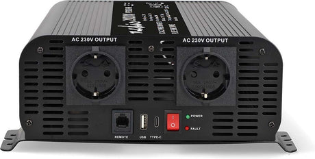 Nedis Auto-Wechselrichter 2000 W – 24 V 230 V – 2x Steckdose + USB-A USB-C – reine Sinuswelle – Schraubanschluss – Spannungswandler