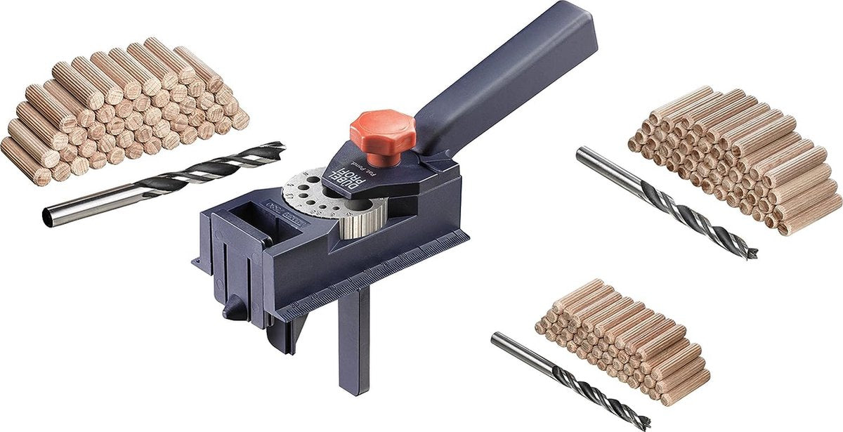 KWB Dübel Profi Dübellehre, Komplettset inklusive Zentralheizungs-Holzbohrer und Holzdübel, Universal-Bohrhilfe für gerade Löcher von ø 3 3,3, 4 4,2, 5 6 6,8, 8 10 12 mm