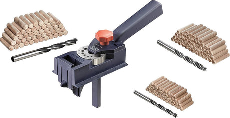 KWB Dübel Profi Dübellehre, Komplettset inklusive Zentralheizungs-Holzbohrer und Holzdübel, Universal-Bohrhilfe für gerade Löcher von ø 3 3,3, 4 4,2, 5 6 6,8, 8 10 12 mm