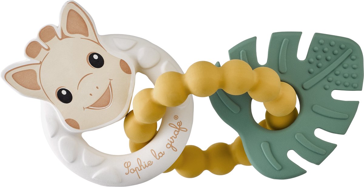 Tropischer Beißring Sophie die Giraffe – Naturkautschuk – verschiedene Strukturen und Härten – ergonomisches Design – ab +0 Monaten – in weißer Geschenkverpackung