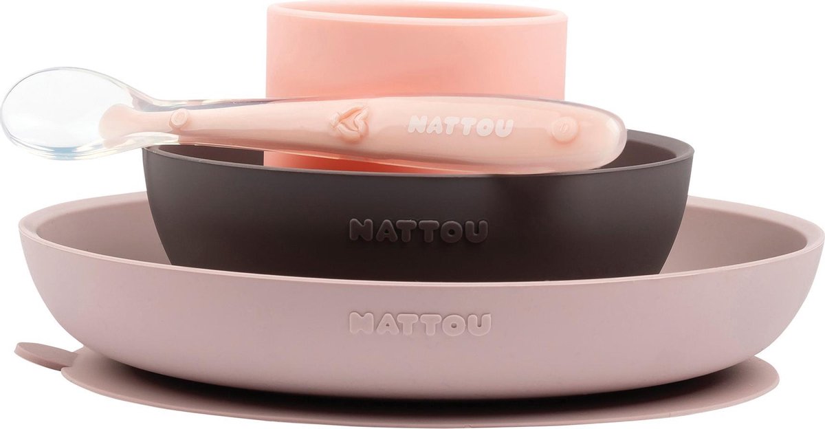 Nattou Silikon-Kindergeschirr – 4-teiliges Babygeschirr – Rosa und Aubergine