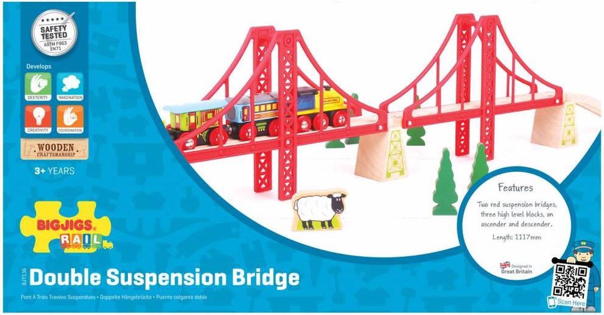 Bigjigs Wooden Rails - Double Suspension Bridge, 7dlg.