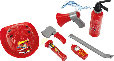 Klein toys 7-delige brandweerset - brandblusser, zaklamp, koevoet, bijl, helm, mobiele telefoon, megafoon - incl. 0,5 l watertank - rood grijs