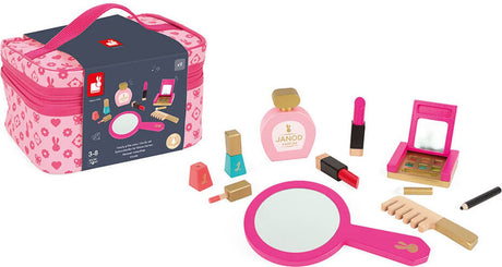Janod – P'tite Miss Beauty Case – inklusive 9 Holzaccessoires – Spielzeug-Make-up – Tasche mit Reißverschluss, um Ihre Spielzeuge überall hin mitzunehmen – geeignet ab 3 Jahren